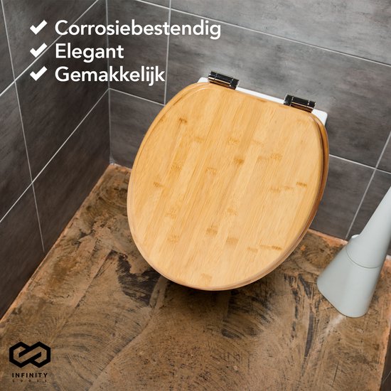 Infinity Goods Bambus Toilettensitz Terry - Toilettensitz mit Deckel - Soft Close - Edelstahlscharniere - Inklusive Befestigungsmaterial