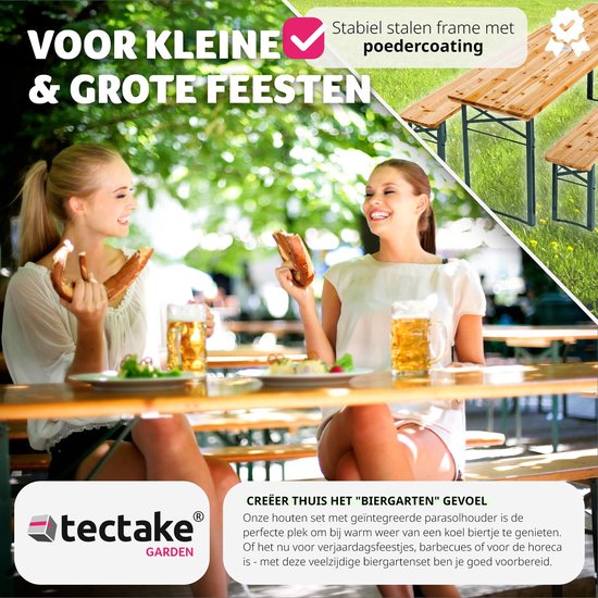 tectake Bierzeltgarnitur mit Tisch und 2x Bierbänken, mit Sonnenschirmhalter - Bierzeltgarnitur, Balkonmöbel mit 1x Klapptisch und 2x Bierbänken, klappbar, 170 x 46 x 78 cm, lackiert