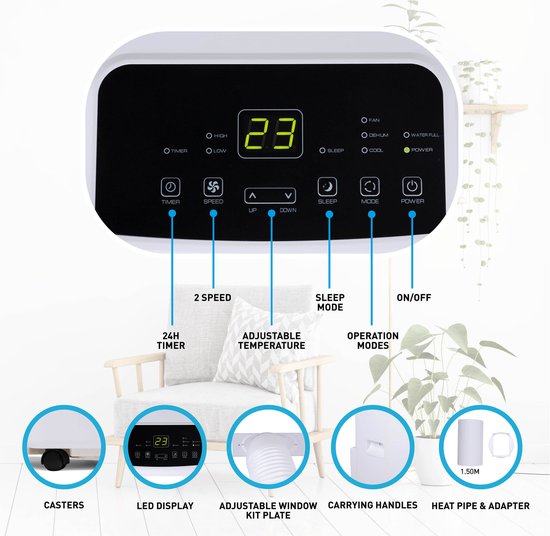 Lifetime Air Mobiles Klimagerät - Klimaanlage, Luftentfeuchter und Ventilator - Mit Ablassschlauch - 65dB - Bis zu 16m2 - Fernbedienung und Timer