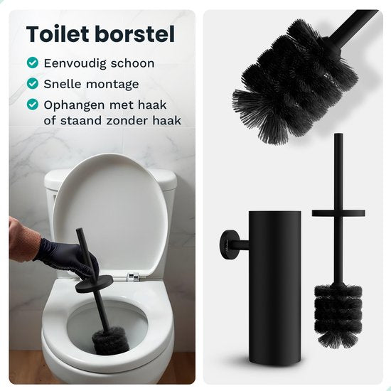 Mirlux Bad-Accessoires Set - Toilettenbürste mit Halter - Toilettenpapierhalter - Toilettenpapierhalter ohne Bohren - Handtuchhaken Selbstklebend - Ersatzpapierhalter - Toilettenbürstenhalter - Schwarz