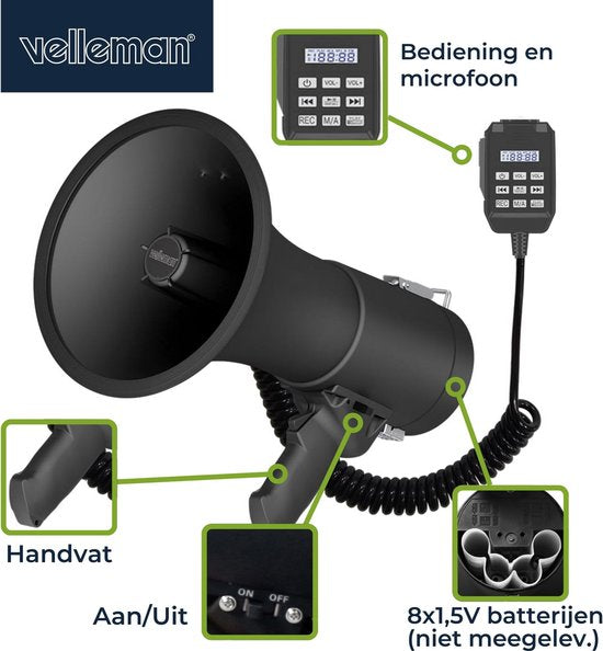Velleman Leistungsstarkes 50-W-Megaphon mit eingebauter Sirene, 700-Sekunden-Aufnahme, Lautstärkeregelung, Bluetooth, Handmikrofon und USB-Anschluss, Reichweite: max. 1200 m, mattschwarz
