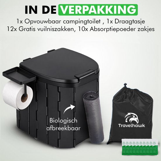 Travelhawk Campingtoilette - Toiletteneimer - Tragbar & faltbar - Inklusive 12 biologisch abbaubaren Beuteln und 10 Absorptionsbeuteln - Ideal für Camping, Festivals & im Freien