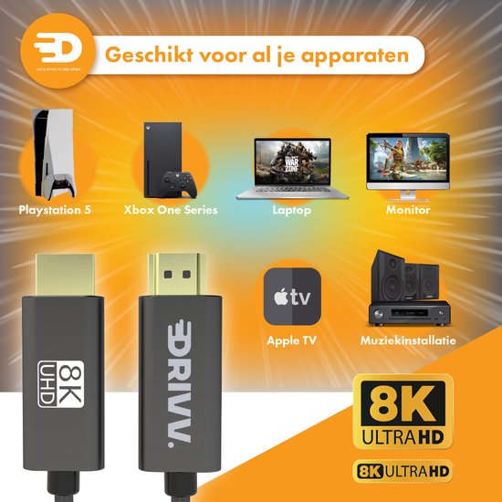 Drivv. HDMI-Kabel 2.1 8K - Ultra HD High Speed - HDMI zu HDMI - Geeignet für Xbox Serie X & PS5 - 1 Meter - Nylon - Grau