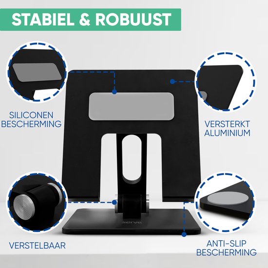 Serve Tablet-Halter XL faltbar - Extra stabil & standfest - Schwarzer klappbarer Ständer für Tisch oder Schreibtisch - Schwarz