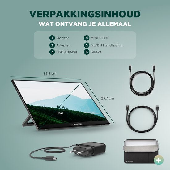 Remodius® Tragbarer Monitor 16 Zoll + Schutzhülle - Ultradünner tragbarer 2.5K-Monitor - Reise-Display-Bundle mit Schutzhülle - USB-C & Mini HDMI - IPS-Bildschirm, HDR, integrierter Kickstand - Für Laptop, Mac & Smartphone