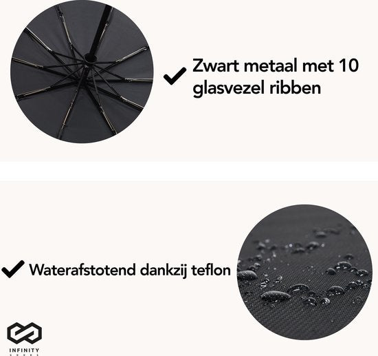 Infinity Goods Stormparaplu - Paraplu - 140 km/u - Reflecterend - Ã˜ 107 cm - Automatisch Uitklapbaar - Beschermhoes - Zwart
