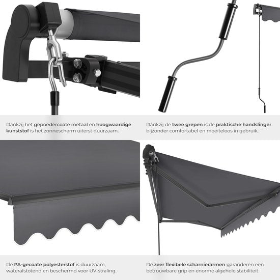 tectake® Sonnenschirm mit Gelenkarm - 300 x 250 cm - Markise - Sonnenschutz für Fenster, Balkon, Außenbereich - Wandmontage - Wasser- und UV-beständig - Dunkelgrau
