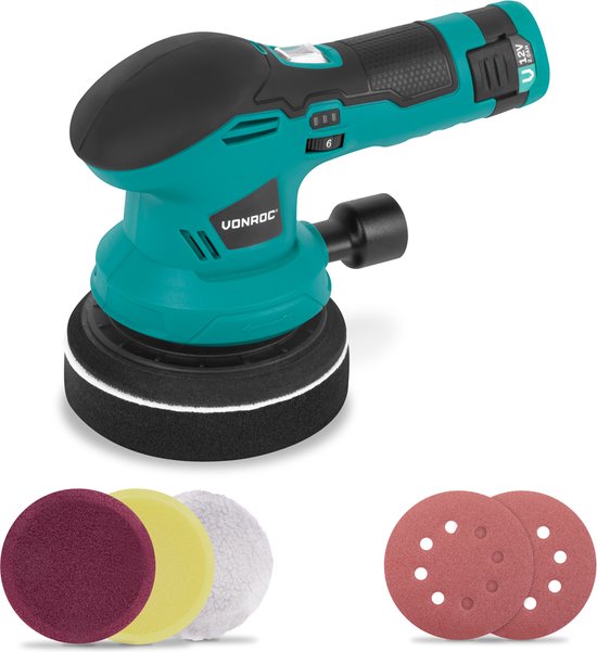 VONROC Polierer 12V - Ø 125mm - Dual Action - 2-in-1: Polieren und Schleifen - Inkl. Akku, usb-c Kabel, 4 Polierscheiben und Schleifpapier