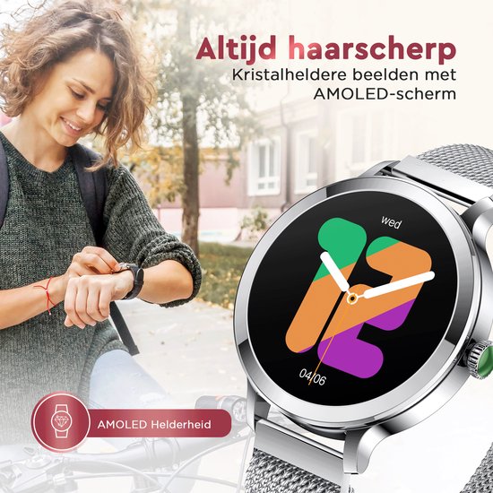 Golden Sound AMOLED Smartwatch Ladies - 3 zusätzliche Armbänder - Geeignet für jeden Laptop und jedes Smartphone - Schrittzähler - Schlafüberwachung - Sättigungsüberwachung - 40mm - Silber