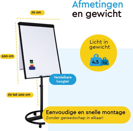 BRASQ Flipchart Mobile Deluxe -70x100 cm - Verstellbares Whiteboard - Inklusive 25 Blatt Papier und Zubehör - mit ausziehbaren Armen - Magnettafel mit Haken - Magnettafel - Schwarz