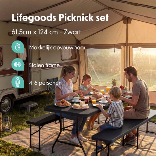 LifeGoods Zusammenklappbares Picknick-Set - 124cm x 61.5cm - Gartentisch mit 2 Bänken - Wetterfest - Campingtisch - Biertisch zusammenklappbar - Für Innen und Außen - Für 4 bis 6 Personen - Schwarz