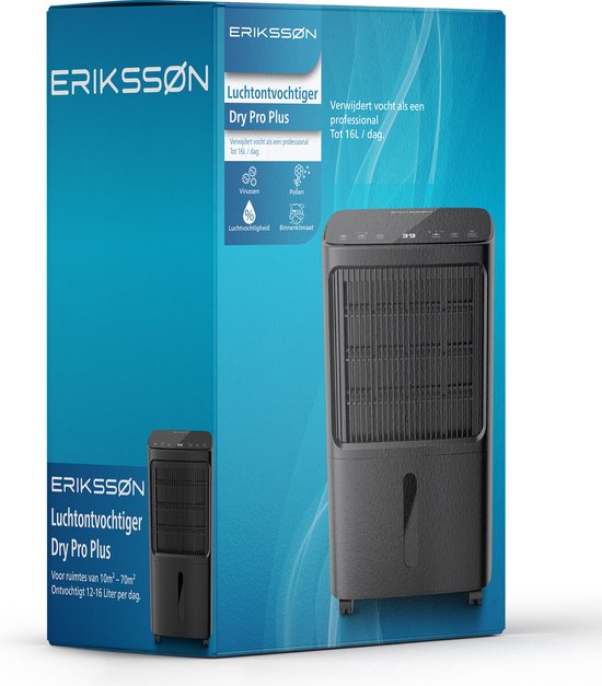 ErikssÃ˜n Luftentfeuchter Dry Pro Plus - Entfeuchtet bis zu 16 Liter pro Tag - Waschtrockenfunktion - Geeignet für Schlafzimmer, Badezimmer, Wohnzimmer und Keller - Luftentfeuchter - Schwarz