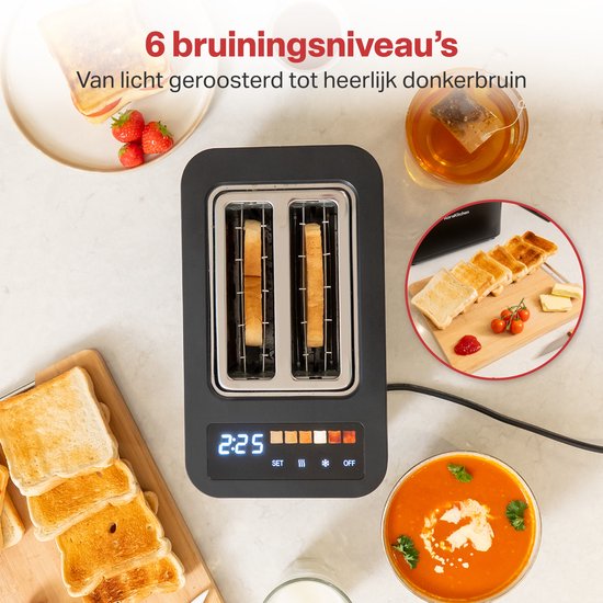 AoraKitchen Toaster - Mit Toastklammern - 6 Heizstufen - LED-Bildschirm - Timer - Schwarz
