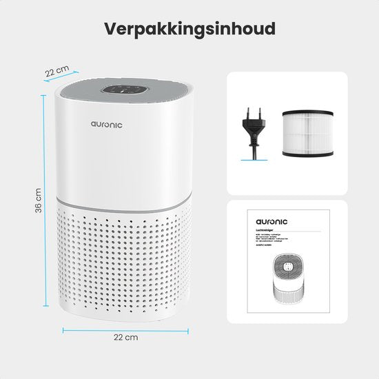 Auronic Luftreiniger Fresh - Mit HEPA 13 Filter - 225 m³/h - 45 m² - Kohlefilter - 3 Stufen - Luftreiniger - Weiß