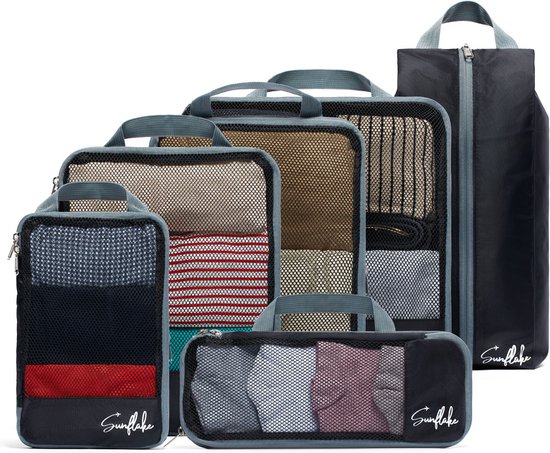 Compression Pack Cubes - Koffer-Organizer-Set - 6 Stück - Rucksack-Kompressionswürfel - Mit Kompressionsreißverschlüssen - Mesh Schwarz - Sunflake