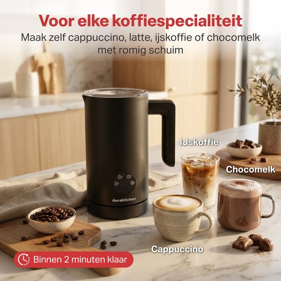 AoraKitchen Milchaufschäumer – 300 ml – Milchaufschäumer – Edelstahl – elektrisch – 4-in-1 – Antihaftbeschichtung – 500 W