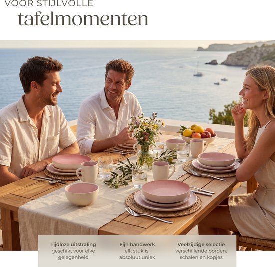 tectake® Geschirrset Mare – 30-teilig – Steingut mit glänzender Glasur - Für 6 Personen - Handgefertigtes Geschirr - Modernes Geschirrset mit großen und kleinen Tellern, Schüsseln, Schälchen und Tassen - Spülmaschinen- und mikrowellengeeignet - Rosa