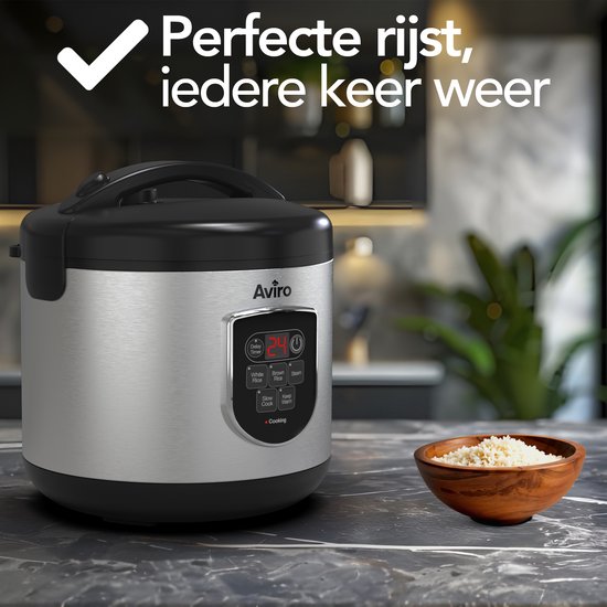 Aviro Reiskocher - Slowcooker - 1,2L - 7 Funktionen - Warmhaltefunktion - Reiskocher - Antihaftbeschichtung - Multicooker - 2-6 Personen - Edelstahl
