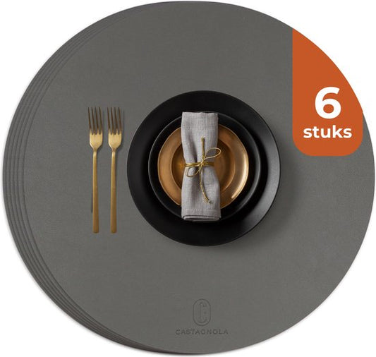 Castagnola Platzsets in Lederoptik - Runde Platzsets - Rutschfeste Kunstleder-Platzsets - Wasserabweisende Untersetzer - Untersetzer - 6 Stück - Durchmesser 38 cm - Grau