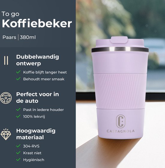 Castagnola Thermos Cup - Kaffeebecher To Go - Reisebecher für Kaffee und Tee - Teebecher - 380 ML - Edelstahl - Light Purple