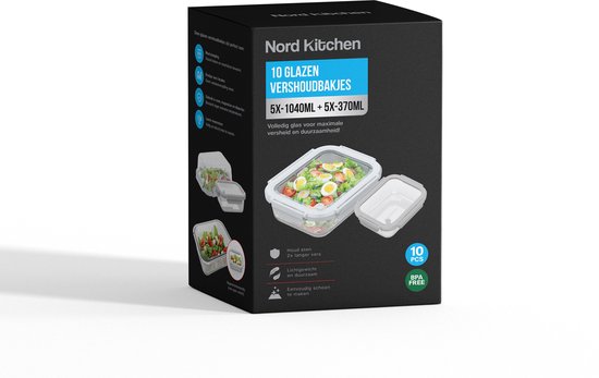 Nord Kitchen Aufbewahrungsschalen Set - mit Glas-Dampfdeckel - Meal Prep Schalen - Gefrierschalen Vollglas - Luftdicht - 10 Stück - 1040 ML + 370ML
