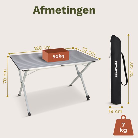 TRVLMORE Campingtisch - 120x70x70cm - Leichtgewicht mit Aluminiumrahmen - Klapptisch verstellbar - Campingtisch - Klapptisch - Schwarz