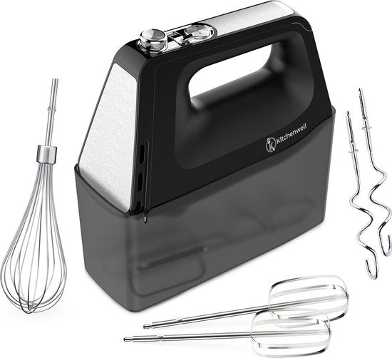 Kitchenwell - Handrührgerät - 10 Geschwindigkeitsstufen mit Turbofunktion - Knethaken und Rührbesen - Aufbewahrungshalter - schwarz