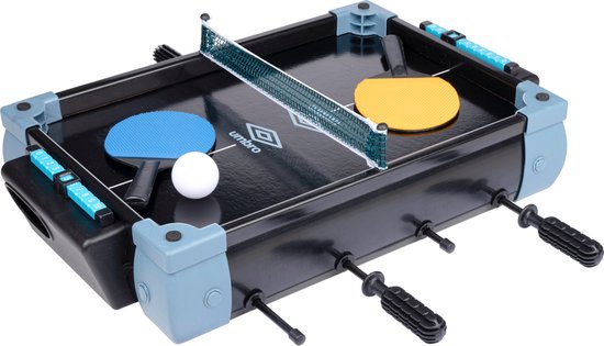 Umbro Tischfußballtisch Modell - 5-in-1 Tischspiel - 40 x 30 x 25 CM - Tischfußballspiel - Fußball, Hockey, Basketball, Tennis und Bowling - Schwarz/Blau