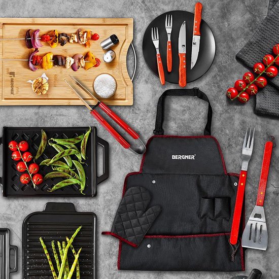 Bergner BBQ Zubehör 7-teiliges Werkzeugset - Edelstahl - Geschenkset - mit Grillschürze