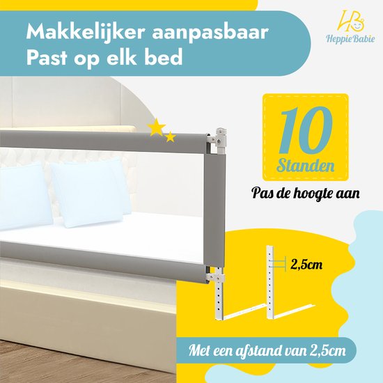 HeppieBabie Bettgitter - Universal - Extra lang 150 CM - Verstellbar - Grau mit Sicherheitsnetz - Bettgitter - Bettgestell