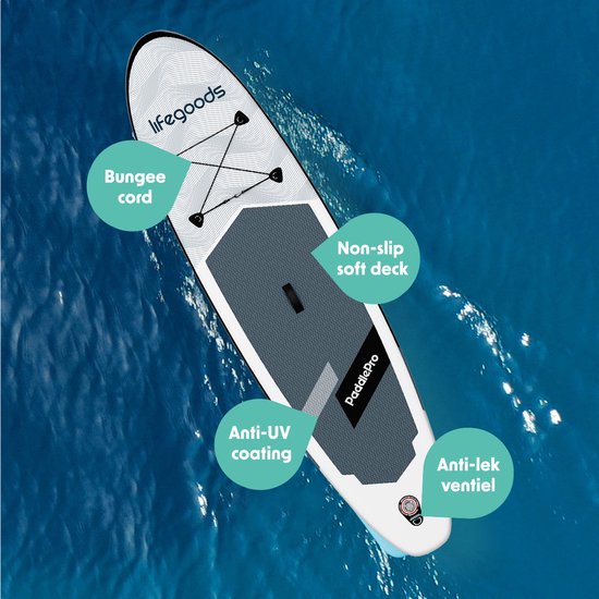 LifeGoods SUP Board All-round Compact - 100 KG Belastbarkeit - 300 x 76 cm - Aufblasbar - SUP-Komplettpaket - Weiß/Schwarz