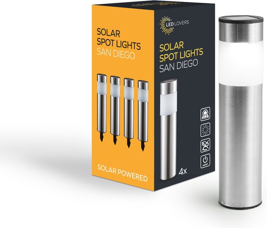 LED Lovers Solar Gartenleuchte - Mit Erdspießen - 4er Set - Wegeleuchte mit Lichtsensor - Edelstahl - 8-10 Brennstunden - 27cm