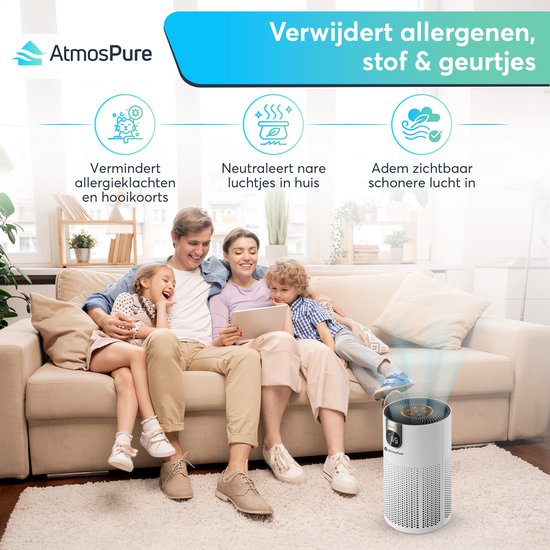 AtmosPure® CleanAir Luftreiniger - Luftreiniger mit austauschbarem HEPA 13 + Kohlefilter - CADR 250 m³/h - Weiß - Für 97 m² - Wirkt gegen Staubmilben, Heuschnupfen, Allergien, -3 Modi + stiller Schlafmodus - Luftqualitätssensor