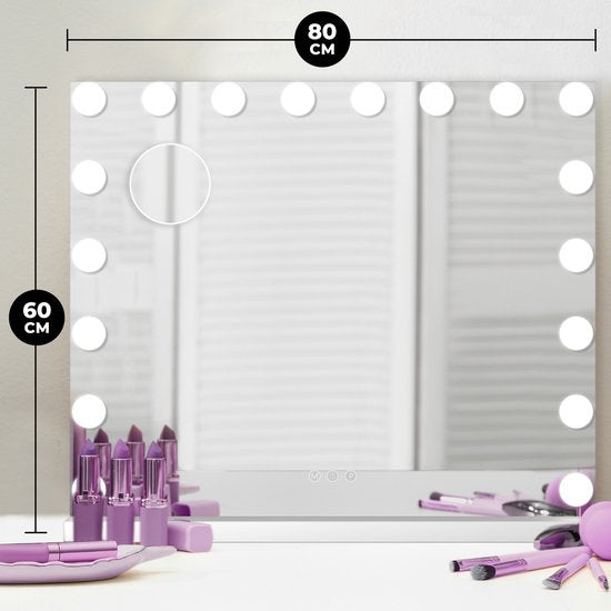 Bayt Hollywood Spiegel mit Beleuchtung - Make-up Spiegel mit Beleuchtung - Spiegel mit Beleuchtung - Hollywood Spiegel 80x60 - dimmbar - 10x Vergrößerung - 80x60cm - Weiß