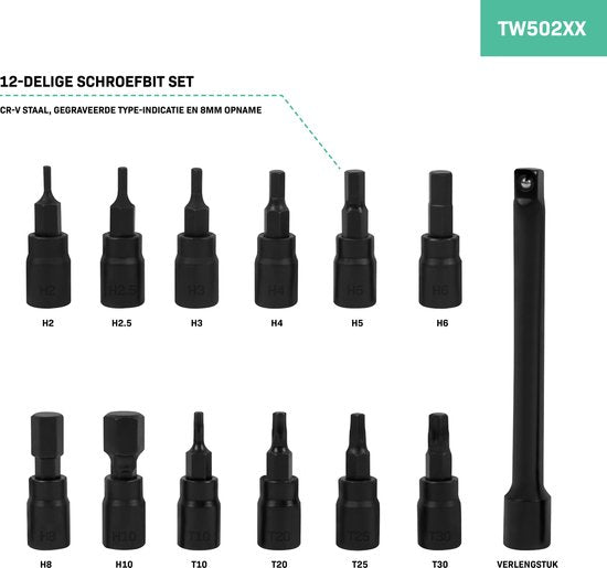 VONROC Drehmomentschlüssel ¼" - 265mm - 5-25Nm - Inkl. 12-teiligem Bitsatz (8 x Inbus, 4 x Torx) und 100mm Verlängerung - im stabilen Aufbewahrungskoffer