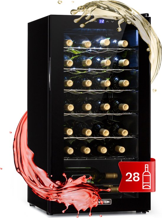 Klarstein Shiraz 28 Uno Weinkühlschrank – 74 Liter – Platz für 28 Flaschen – mit Touch-Bedienung – Temperaturbereich 5–18 °C – Schwarz