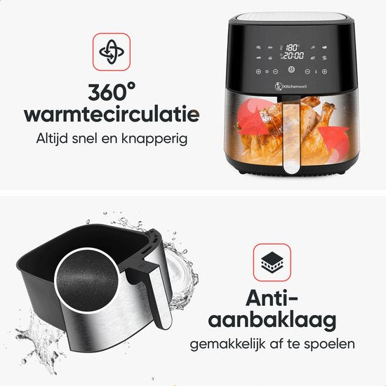 Kitchenwell AirFryer - Heißluftfritteuse - 8L Kapazität - 80-200℃ - Timer - 1800W - Schwarz