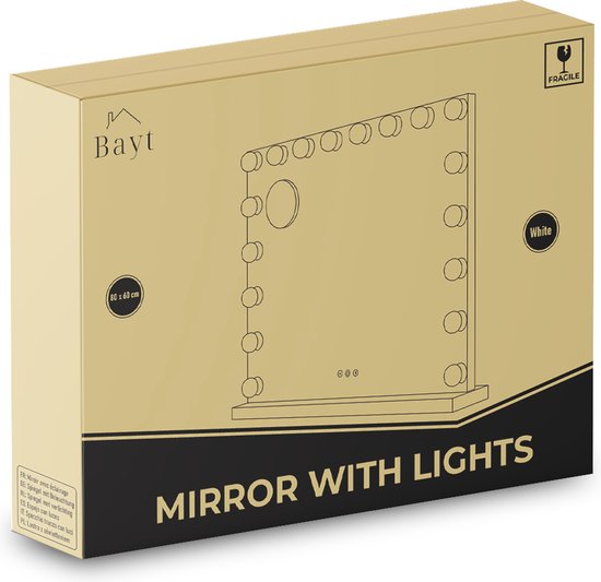 Bayt Hollywood Spiegel mit Beleuchtung - Make-up Spiegel mit Beleuchtung - Spiegel mit Beleuchtung - Hollywood Spiegel 80x60 - dimmbar - 10x Vergrößerung - 80x60cm - Weiß