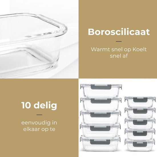 Stosh Meal Prep Schalen - Frische Schalen - Gefrierschalen - 10 Stück - 5x1050ML & 5x350ML - BPA frei - Glas