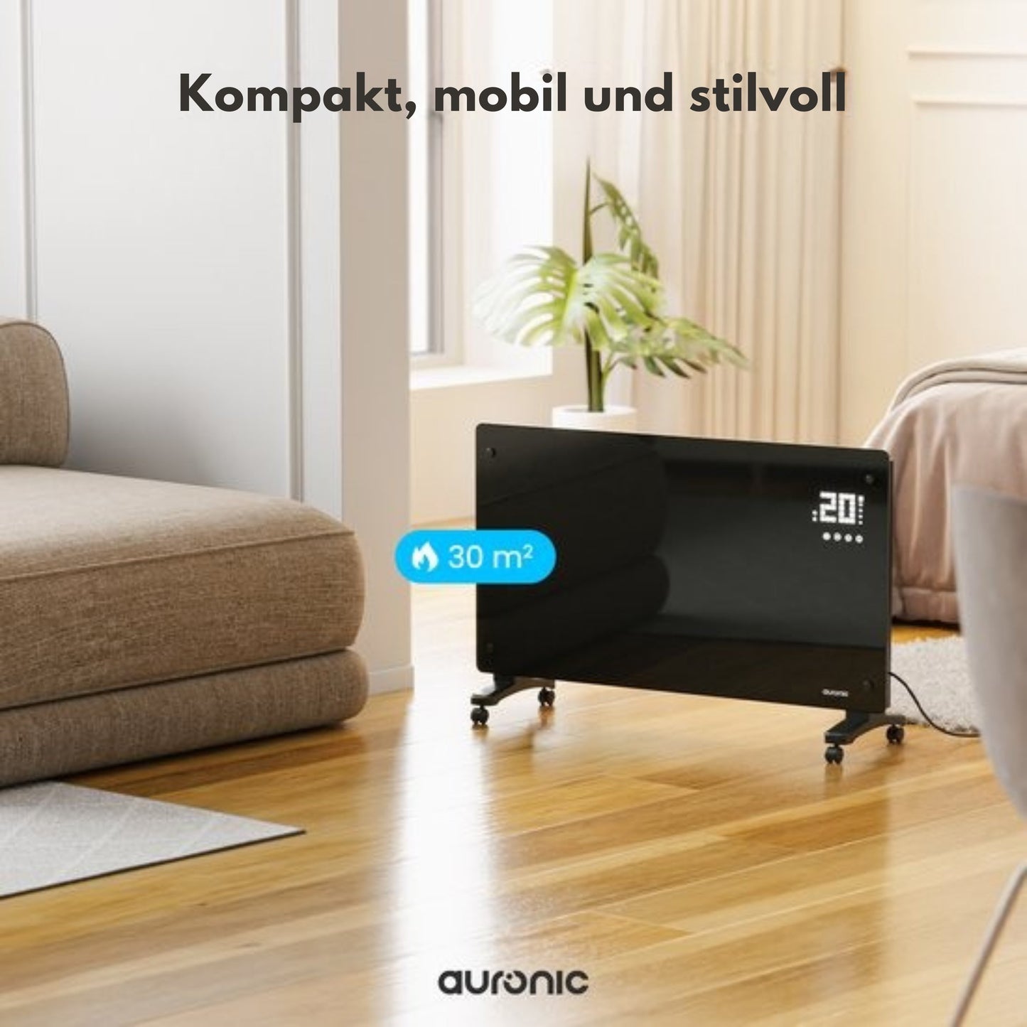 Auronic Electric Konvektor-Heizung - Mit Thermostat und Fernbedienung - Glasheizung - 2500W Heizung - Schwarz