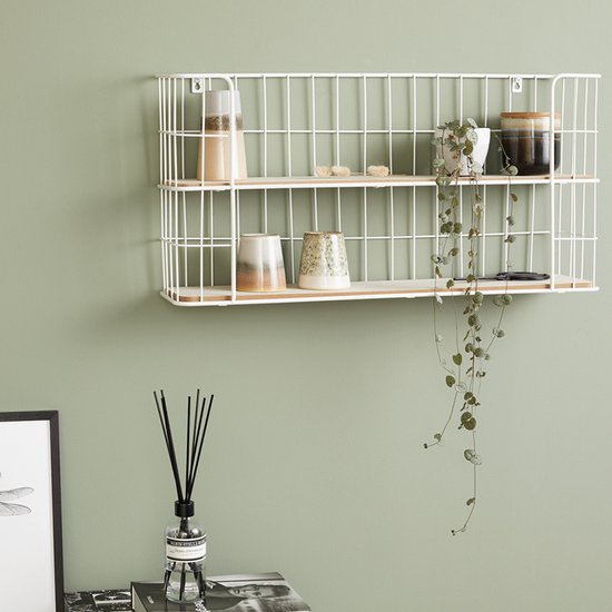 Lifa Living - Malaga Wandregal - Industrielles Bäckergestell - Rechteckiges Gewürzregal - Weiß - Metall & MDF Holz - Wandregal für Wohnzimmer, Schlafzimmer und Büro - 66,5 x 14,3 x 33,6 cm