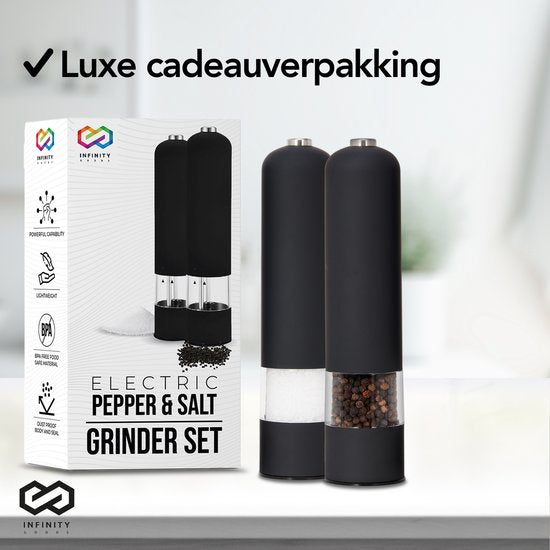 Infinity Goods Elektrisches Pfeffer- und Salzmühlen-Set - Pfeffermühle - Salzmühle - Einstellbares Mahlwerk - Gewürzmühle - Schwarz