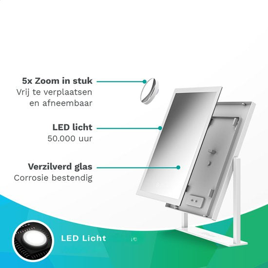 Mirlux Hollywood Schminkspiegel - 44x30 cm - LED Beleuchtung - 3 Lichtmodi - 5x Vergrößerung - Weiß