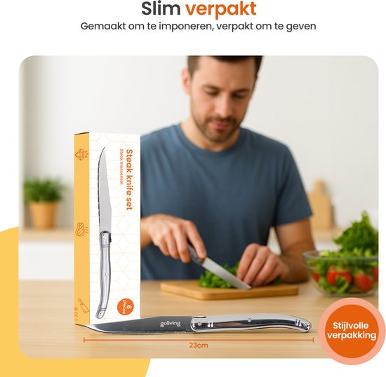 Goliving Steakmesser - Fleischmesser - Spülmaschinenfest - 6-teiliges Steakmesser-Set - Edelstahl - Messerset - Gezacktes Messer - Silber
