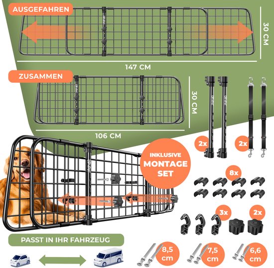LovPet® Hundehalterung Auto, Universal-Autotrennwand, verstellbare Breite, Kopfstütze Gepäckablage Kofferraumschutz Abmessungen HxB 30 x 91-153 cm , + 2x Sicherheitsgurt für Hunde - Schwarz