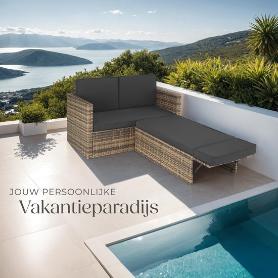 tectake® Lounge-Sofa aus Geflecht - Mit Ottomane - Für 2 Personen - Lounge-Sofa mit Sitz- und Rückenkissen - Wetterfest - Ideal für Terrasse, Wintergarten und Balkon - Maße Sofa (LxBxH) 119 x 64,5 x 71,5 cm - Natur