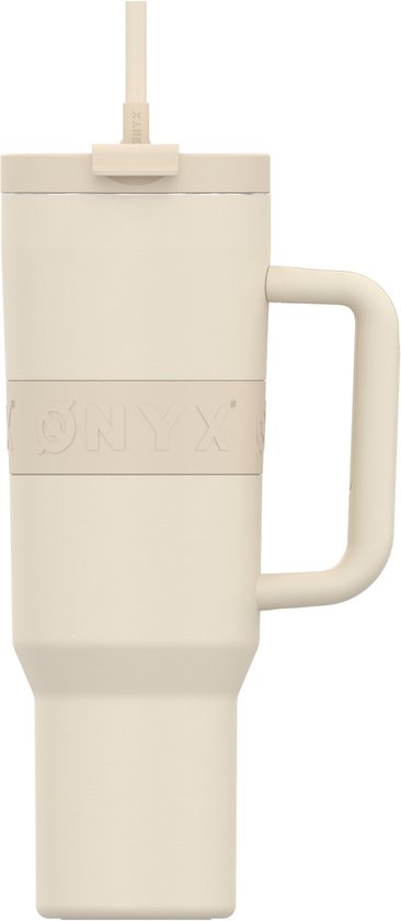 ONYX Trinkflasche mit Strohhalm 1,2 Liter - Wasserflasche für Kinder & Erwachsene - Thermosbecher Reisebecher - Motivationstrinker - Trinkbecher für die Schule - Beige