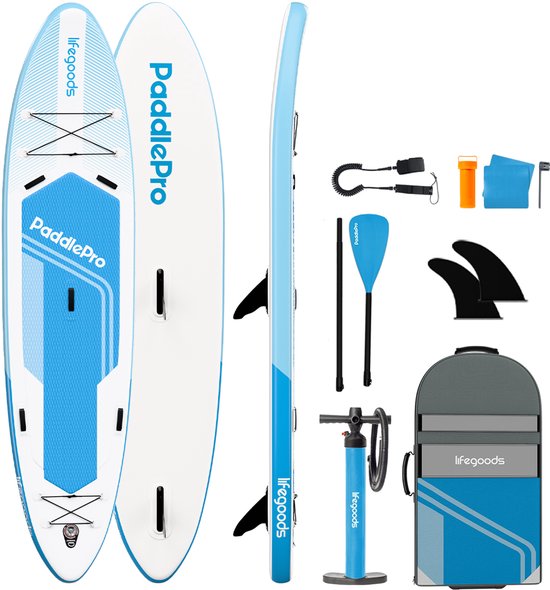 LifeGoods SUP Board Tandem - 2 Personen - 220 KG Belastbarkeit - 381 x 86 cm - Aufblasbar - Komplettes SUP Paket - Himmelblau