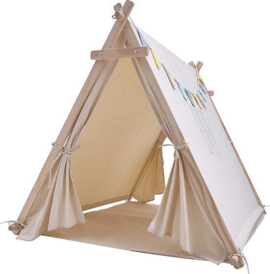 Sunny Sienna Spielzelt mit Fahnen und Bodenmatte Creme - Wigwam Tipi-Zelt für Kinder mit Pendel & Aufbewahrungstasche - FSC Holzstangen - 120x100x105cm