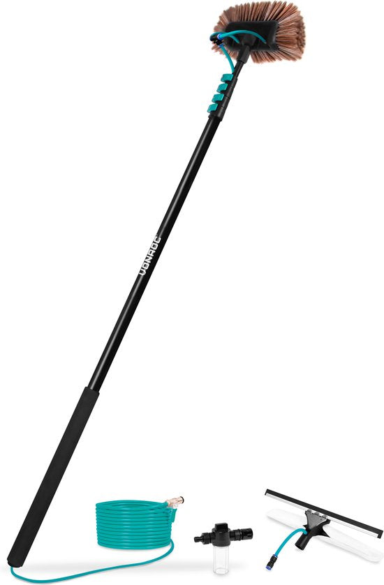 VONROC - Teleskop-Waschbürste - inkl. Bürstenkopf/ Fensterreiniger/ Wasserschlauch & Seifenspender - 6,50m - Schwarz